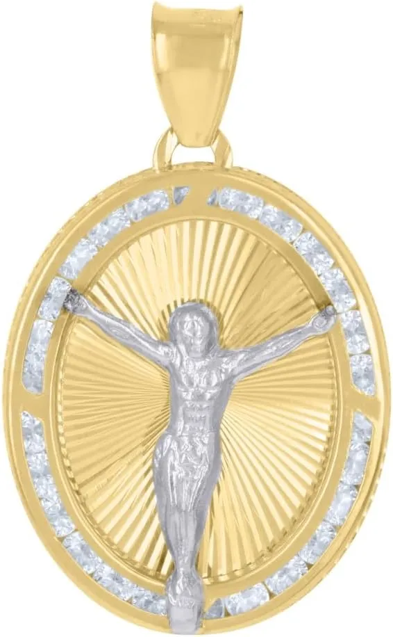 10K Two-Tone Gold Cubic Zirconia Crucifix Jesus Religious Charm Pendant (L- 1.13 Inch, W- 0.69 Inch)