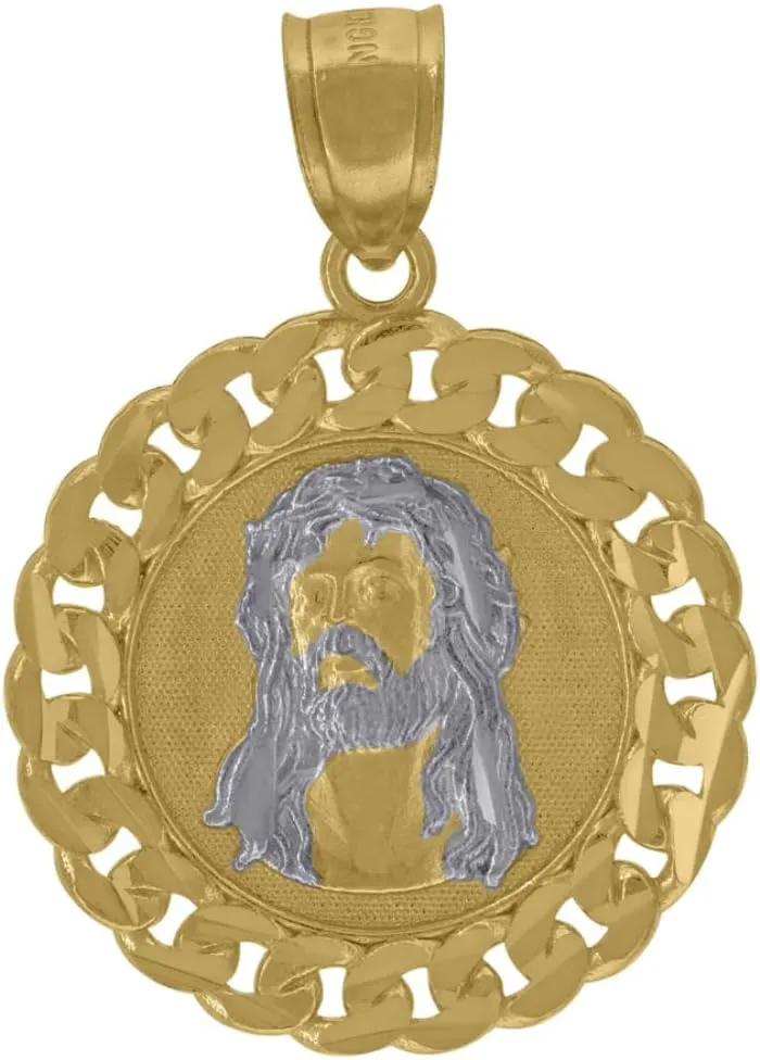 10K Two-Tone Gold Diamond-Cut Jesus Religious Charm Pendant (L- 1.23 Inch, W- 0.86 Inch)