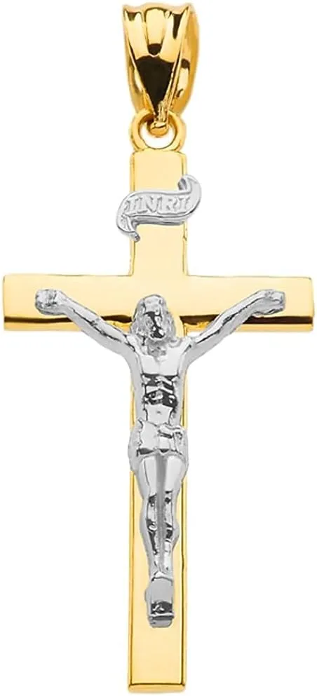 10K Two Tone Gold Linear Cross 1.15" INRI Crucifix Charm Pendant Religious Jewelry