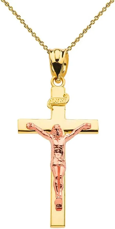 10k Two-Tone Yellow and Rose Gold Cross INRI Crucifix Pendant Necklace (1.18")