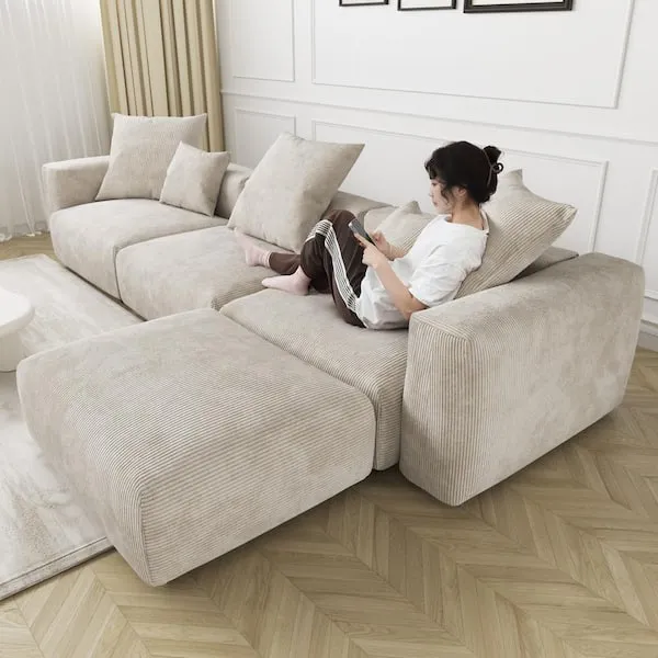 142 in. Square Arm 4-Piece L-Shaped Corduroy Polyester Modern Sectional Sofa in Black by Couch.com