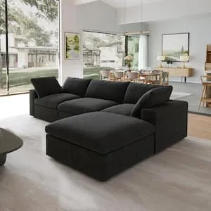 142 in. Square Arm 4-Piece L-Shaped Corduroy Polyester Modern Sectional Sofa in Black by Couch.com