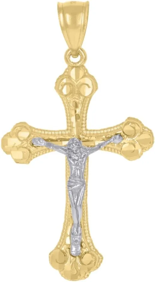 14K Two-Tone Gold Diamond-Cut Cross Crucifix Jesus Charm Pendant (L- 1.6 Inch, W- 0.88 Inch)