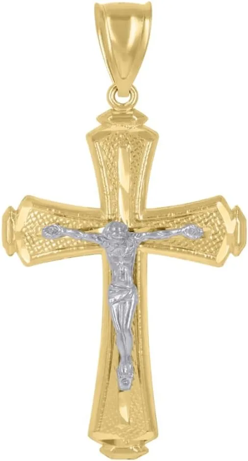 14K Two-Tone Gold Diamond-Cut Cross Crucifix Jesus Charm Pendant (L- 2.18 Inch, W- 1.15 Inch)