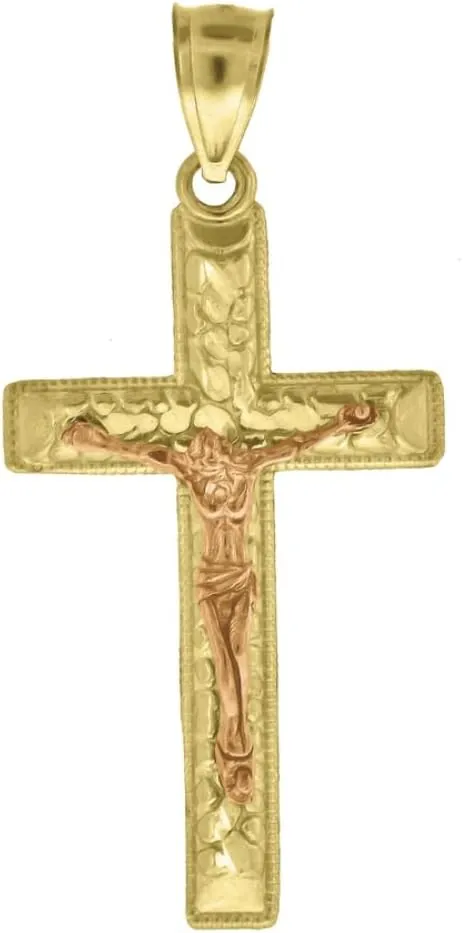 14K Two-Tone Gold Diamond-Cut Nugget Cross Crucifix Jesus Charm Pendant (L- 1.49 Inch, W- 0.78 Inch)