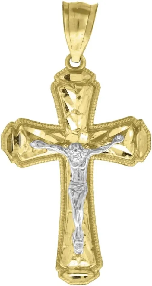14K Two-Tone Gold Diamond-Cut Nugget Cross Crucifix Jesus Charm Pendant (L- 1.56 Inch, W- 0.86 Inch)