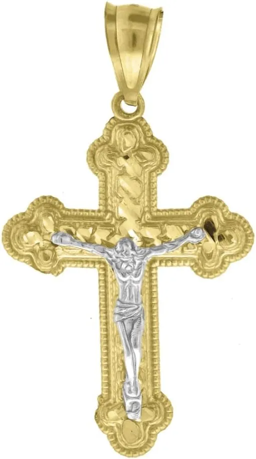 14K Two-Tone Gold Diamond-Cut Nugget Cross Crucifix Jesus Charm Pendant (L- 1.57 Inch, W- 0.91 Inch)
