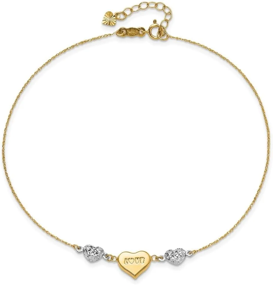 14K Two-Tone Gold Diamond-cut Puffed Heart LOVE with 1" ext. Cable Chain Anklet 9" to 10"