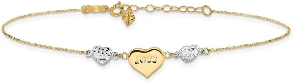 14K Two-Tone Gold Diamond-cut Puffed Heart LOVE with 1" ext. Cable Chain Anklet 9" to 10"