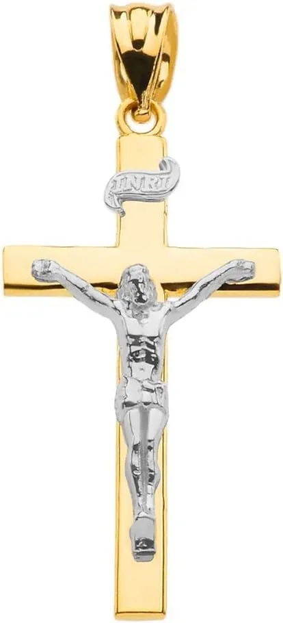 14K Two Tone Gold Linear Cross 1.15" INRI Crucifix Charm Pendant Religious Jewelry