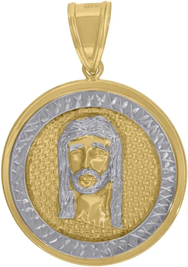 14K Two-Tone Gold Medallion Jesus Religious Charm Pendant (L- 1.97 Inch, W- 1.35 Inch)