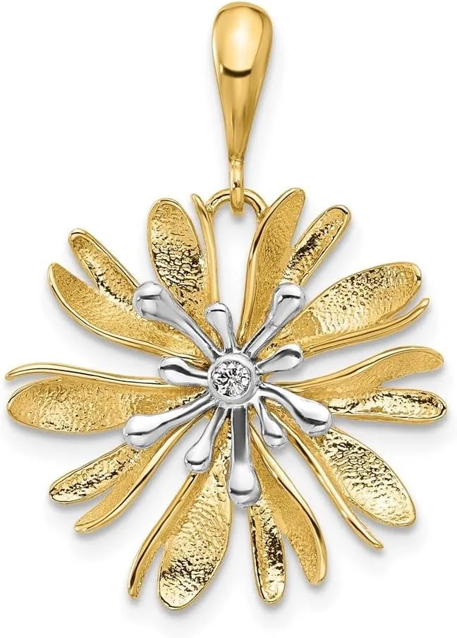 14K Two-Tone Gold Polished and Textured Diamond Flower Pendant (L- 20.9 mm, W- 20.9 mm)