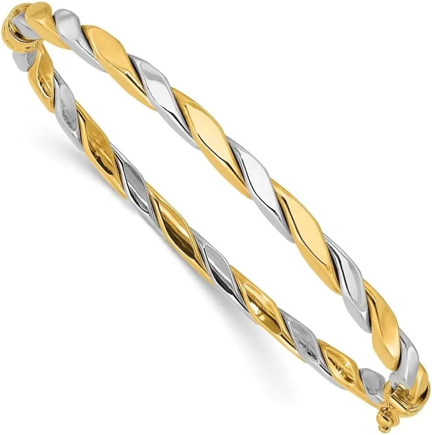 14K Two-Tone Gold Polished and Twisted Hinged Bangle Bracelet for Women, AFJ-QG-DB728-MG