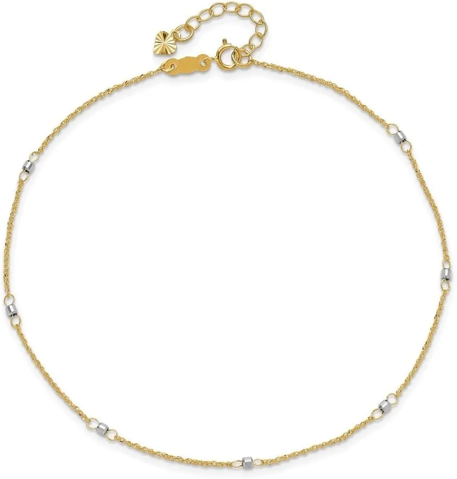 14K Two-Tone Gold Ropa Mirror Bead with 1" Ext. Ropa Chain Anklet 9" to 10"
