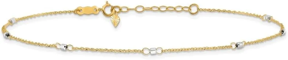 14K Two-Tone Gold Ropa Mirror Bead with 1" Ext. Ropa Chain Anklet 9" to 10"