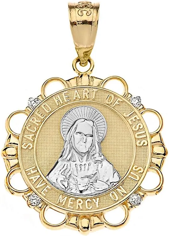14k Two-Tone Gold Sacred Heart Of Jesus Diamond Religious Medal Pendant