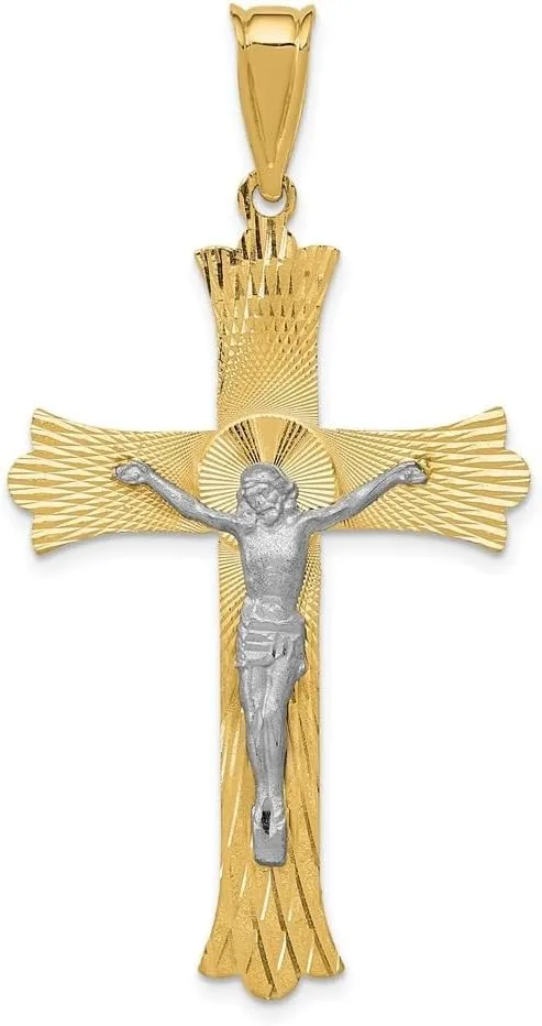 14K Two-Tone Gold Satin Crucifix Jesus Cross Pendant (L- 49.5 mm, W- 27 mm)