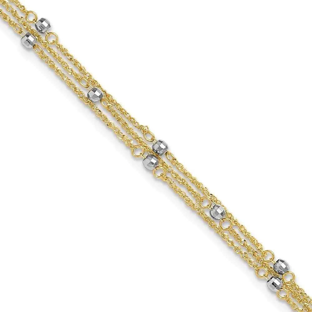 14K Two-Tone Gold Triple Strand with 1" ext. Chain Anklet 9" to 10"