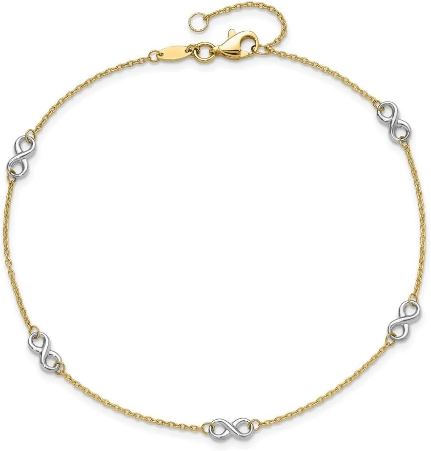 14K Two-Tone Polished Infinity Plus 1 in ext. Cable Chain Anklet 9" to 10"
