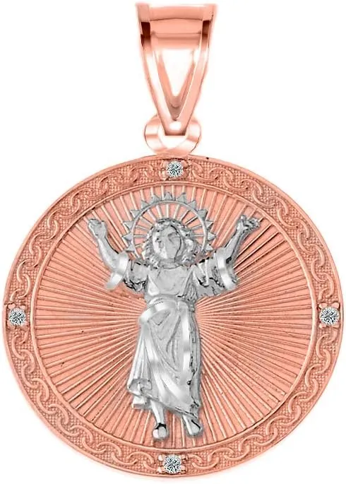 14k Two-Tone Rose Gold Round Divino Nio Jess Medal Diamond Charm Pendant