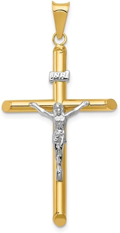 14K White and Yellow Gold Two-tone Polished Jesus Crucifix Pendant (L- 46 mm, W- 23 mm)