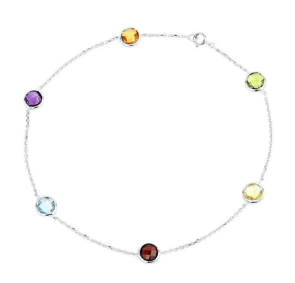 14K White Gold Anklet With Colorful Faceted Round Gemstones 9.5 Inches