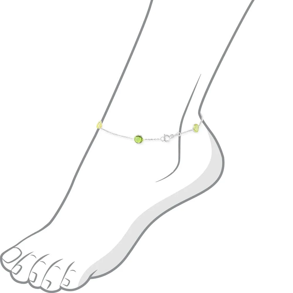 14K White Gold Round Gemstones Anklet 11 Inches