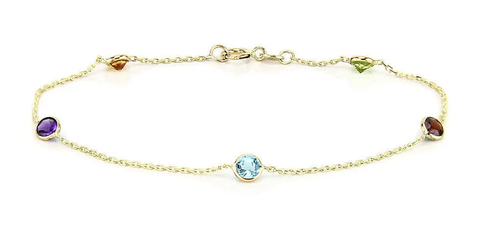 14K Yellow Gold Anklet Bracelet With Round Gemstones 9 Inches