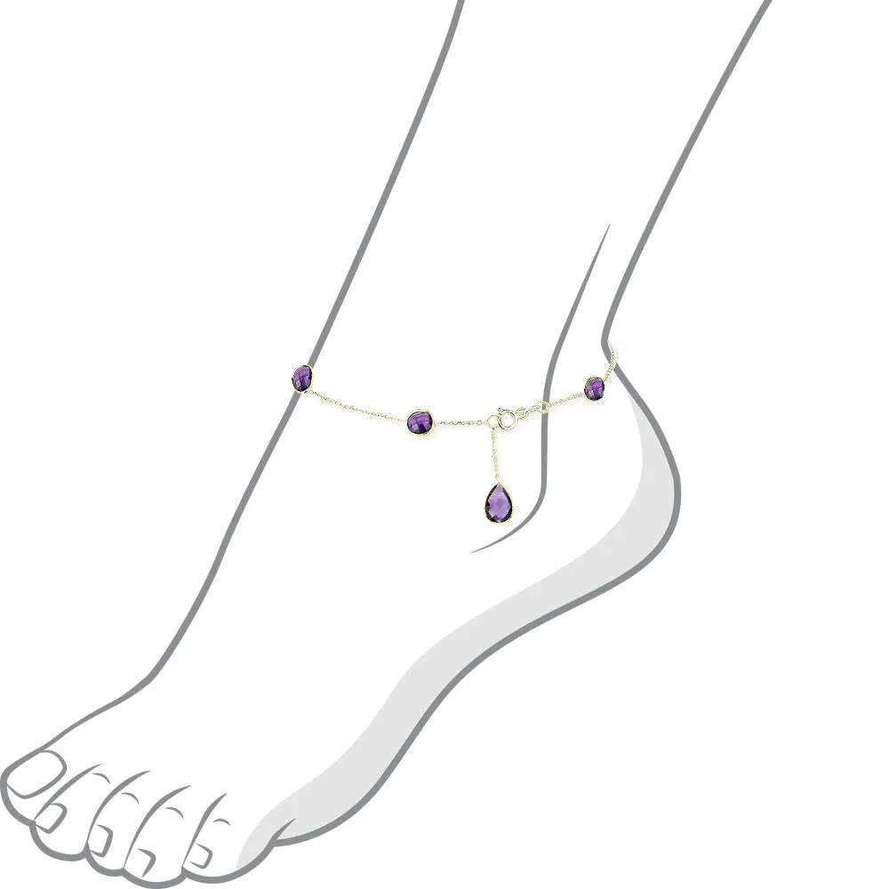 14K Yellow Gold Gemstone Anklet With Round and Pear Shaped Amethysts 9 Inches