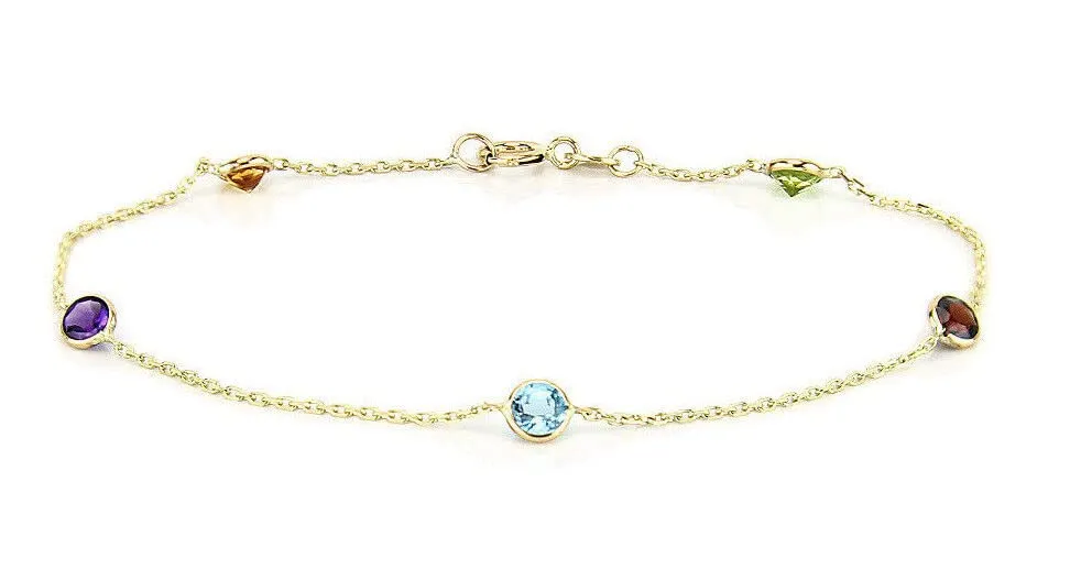 14K Yellow Gold Round Gemstones Anklet Bracelet 10 Inches