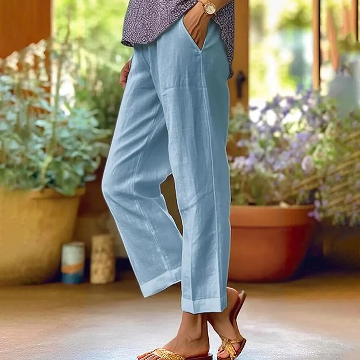 2025 Cotton Linen Pants Women Summer Elastic Waist Crop Pants Plus Size Straight Leg Slacks Trousers with Pockets
