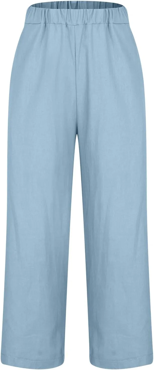 2025 Cotton Linen Pants Women Summer Elastic Waist Crop Pants Plus Size Straight Leg Slacks Trousers with Pockets