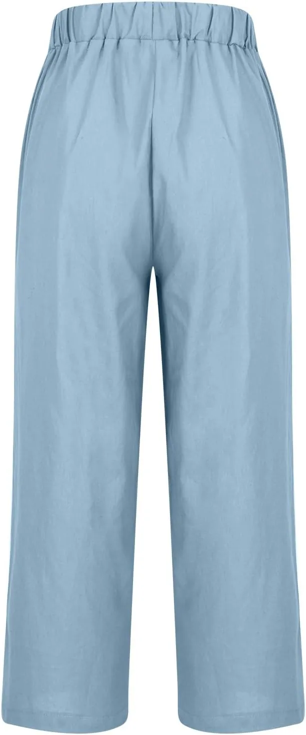 2025 Cotton Linen Pants Women Summer Elastic Waist Crop Pants Plus Size Straight Leg Slacks Trousers with Pockets