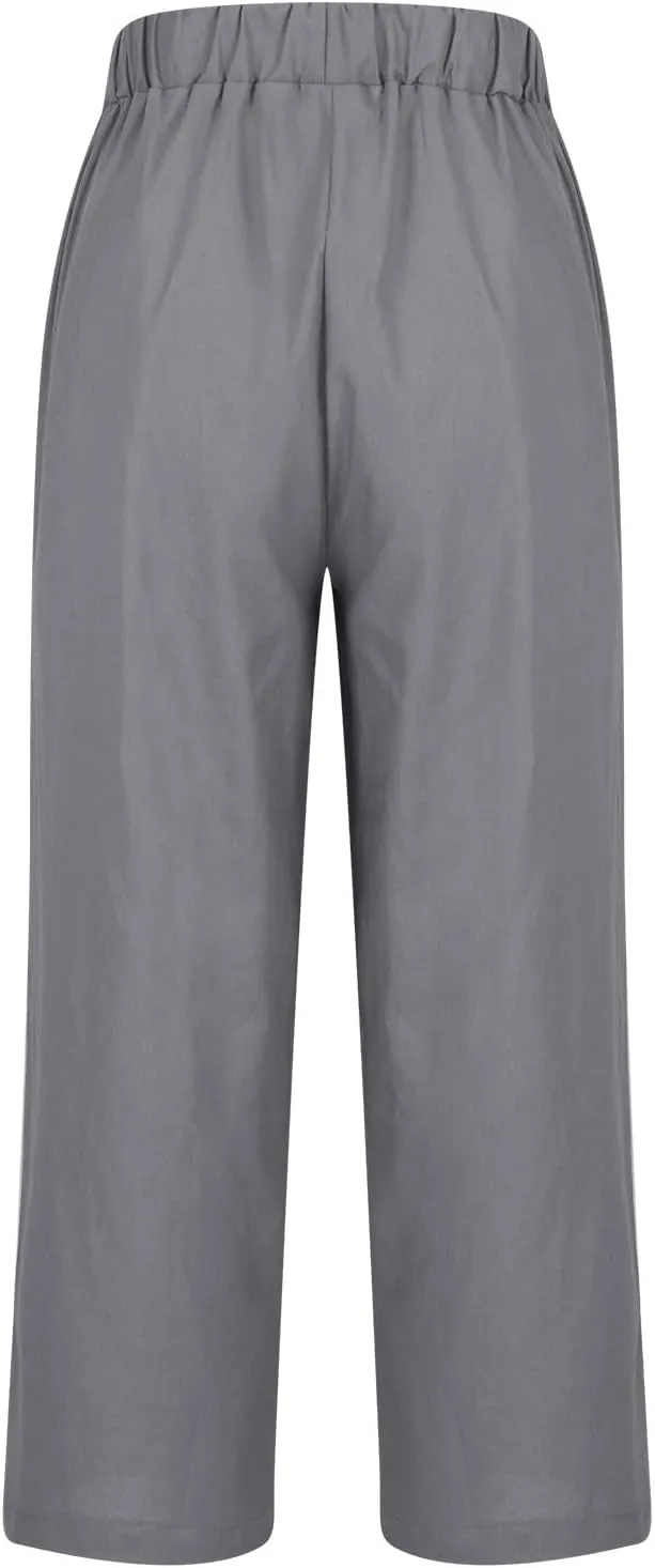 2025 Cotton Linen Pants Women Summer Elastic Waist Crop Pants Plus Size Straight Leg Slacks Trousers with Pockets