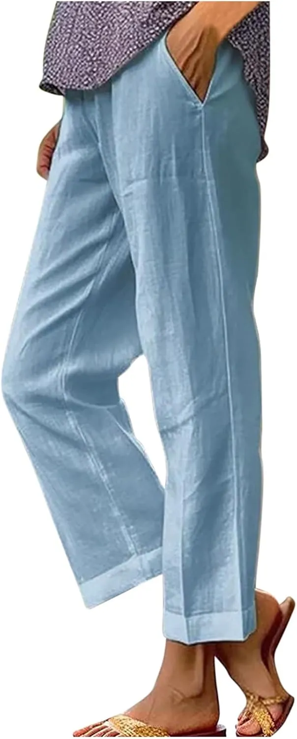 2025 Cotton Linen Pants Women Summer Elastic Waist Crop Pants Plus Size Straight Leg Slacks Trousers with Pockets