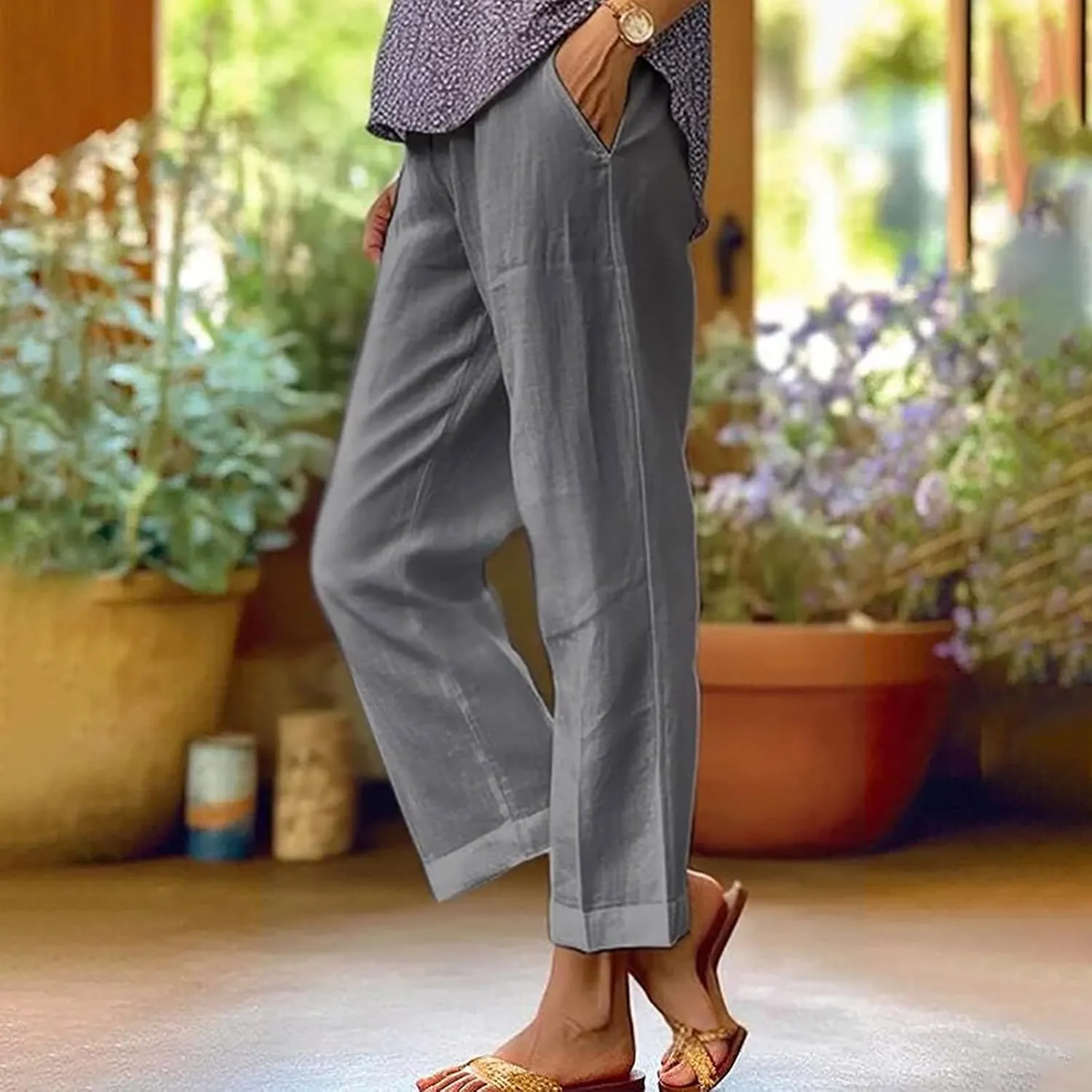 2025 Cotton Linen Pants Women Summer Elastic Waist Crop Pants Plus Size Straight Leg Slacks Trousers with Pockets