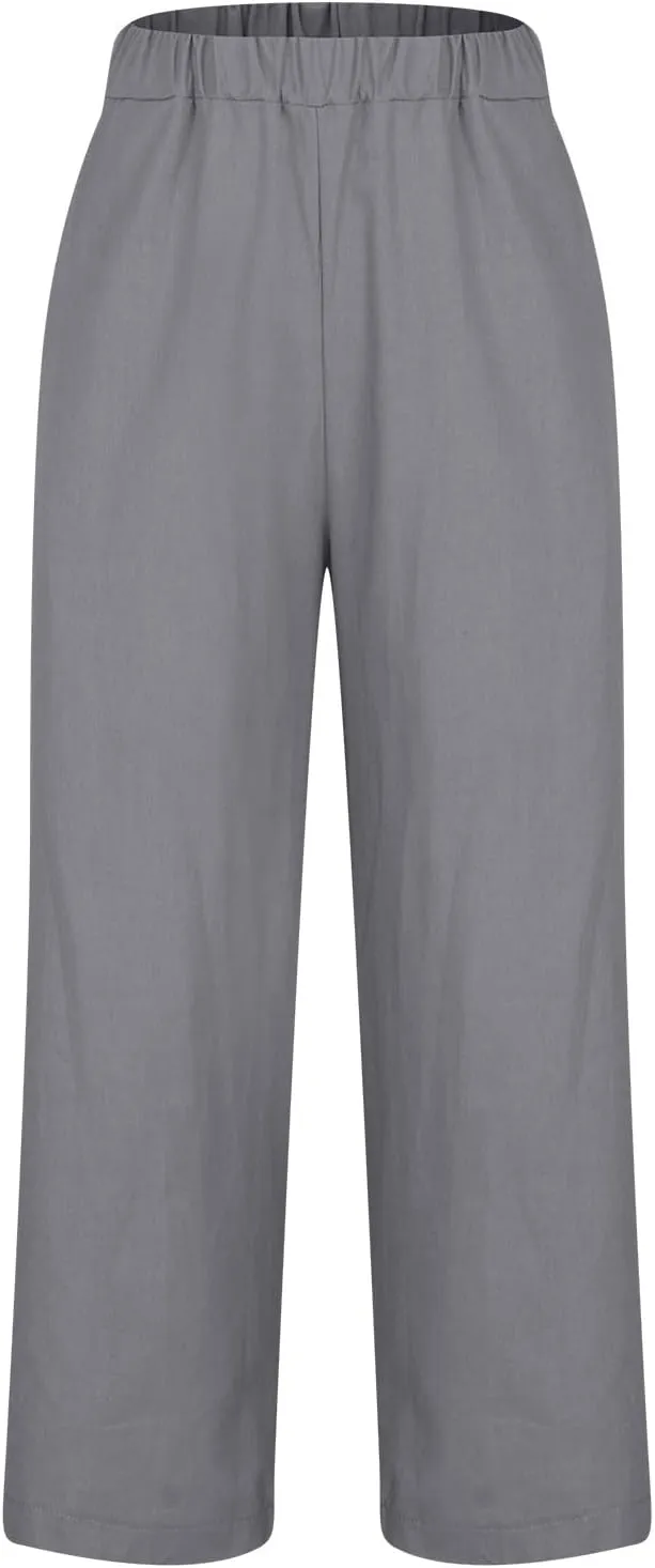 2025 Cotton Linen Pants Women Summer Elastic Waist Crop Pants Plus Size Straight Leg Slacks Trousers with Pockets