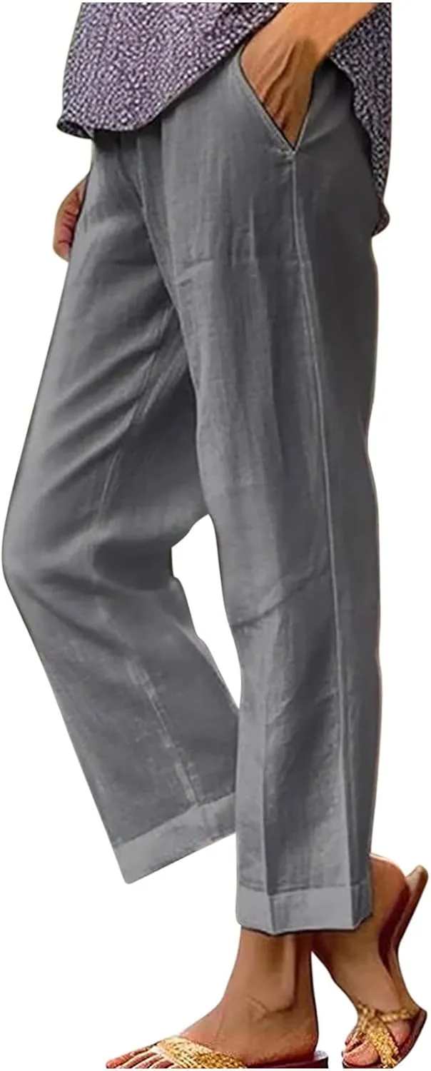 2025 Cotton Linen Pants Women Summer Elastic Waist Crop Pants Plus Size Straight Leg Slacks Trousers with Pockets