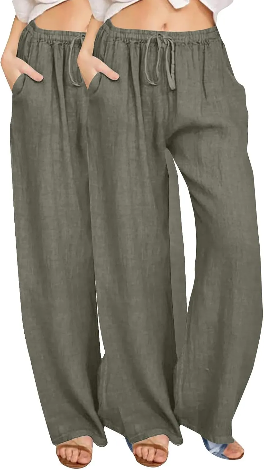 2PC Casual Baggy Cotton Linen Trouser for Women Elastic Waist Drawstring Solid Pant Summer Going Out Office Pants