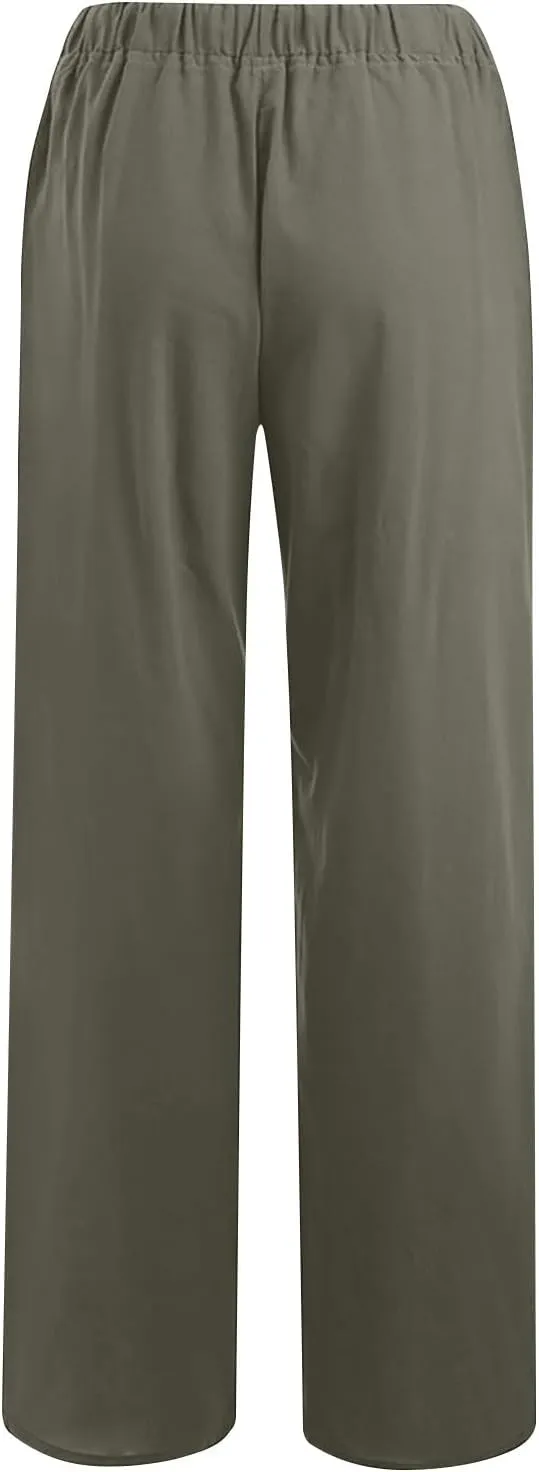2PC Casual Baggy Cotton Linen Trouser for Women Elastic Waist Drawstring Solid Pant Summer Going Out Office Pants