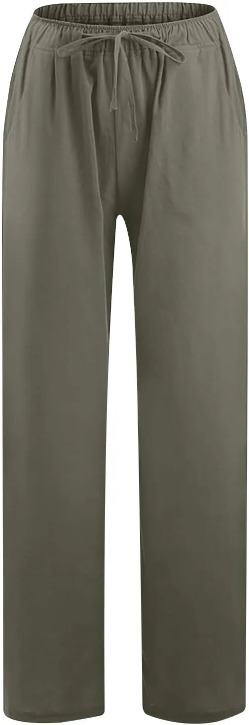 2PC Casual Baggy Cotton Linen Trouser for Women Elastic Waist Drawstring Solid Pant Summer Going Out Office Pants