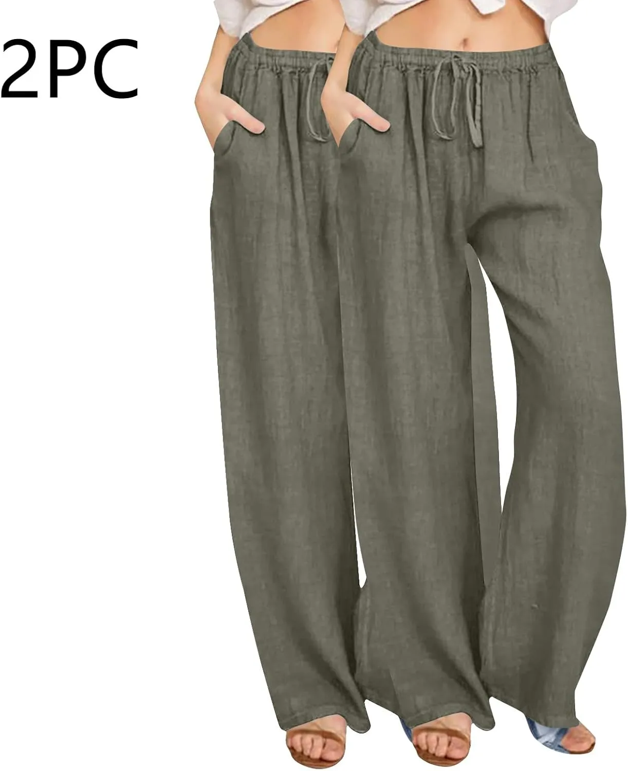 2PC Casual Baggy Cotton Linen Trouser for Women Elastic Waist Drawstring Solid Pant Summer Going Out Office Pants