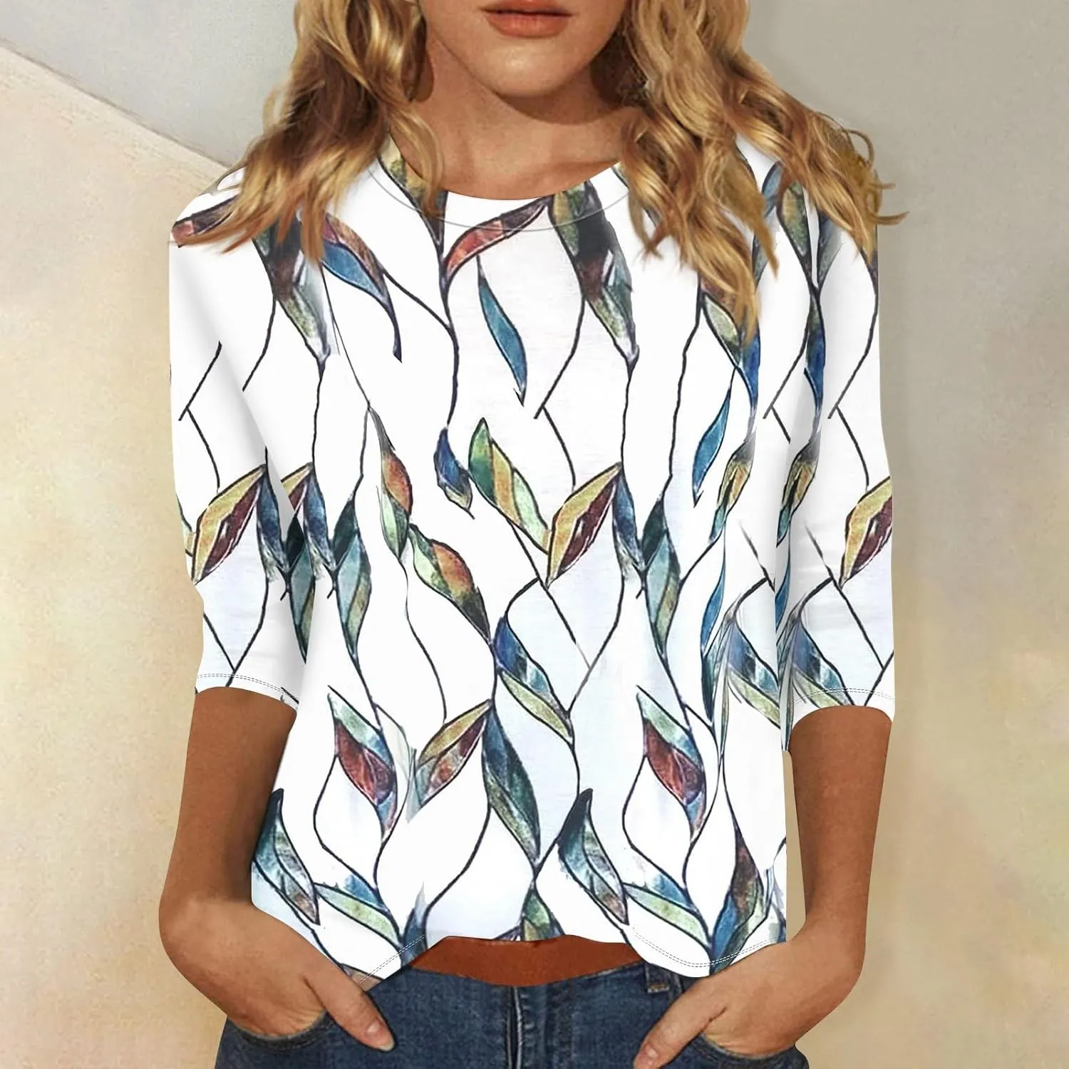 3/4 Length Sleeve Shirts for Women, Round Neck Cute Tunic Tops Basic Tees Casual Printed Blouses Loose Shirt Tops