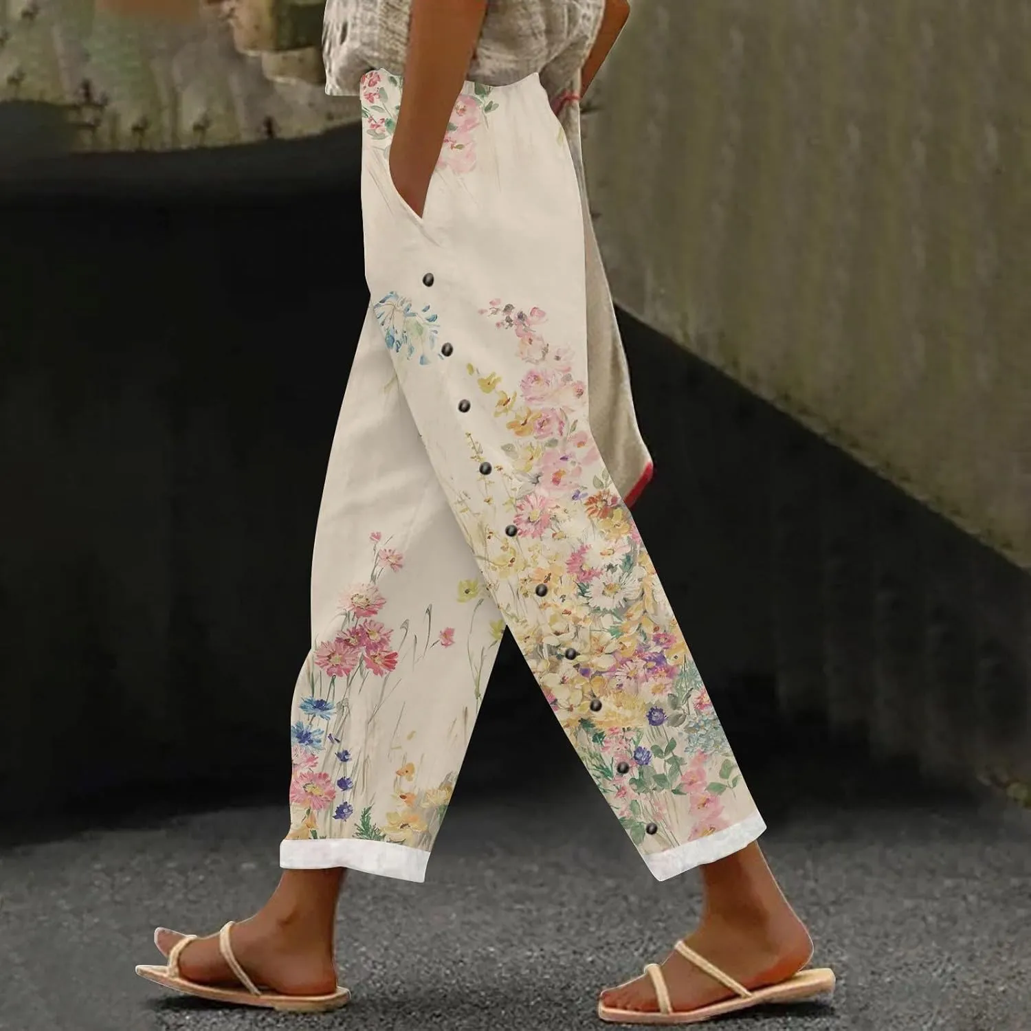 aihihe Linen Capri Pants for Women Summer Casual Cropped Pant Button Drawstring Lounge Pant Beach Travel Trousers with Pocket