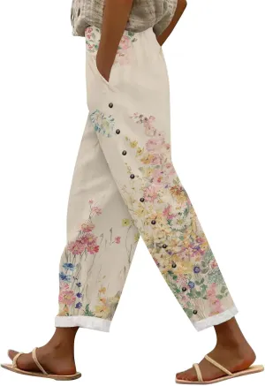 aihihe Linen Capri Pants for Women Summer Casual Cropped Pant Button Drawstring Lounge Pant Beach Travel Trousers with Pocket