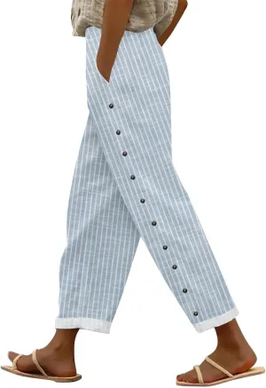 aihihe Linen Capri Pants for Women Summer Casual Cropped Pant Button Drawstring Lounge Pant Beach Travel Trousers with Pocket
