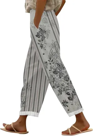 aihihe Linen Capri Pants for Women Summer Casual Cropped Pant Button Drawstring Lounge Pant Beach Travel Trousers with Pocket