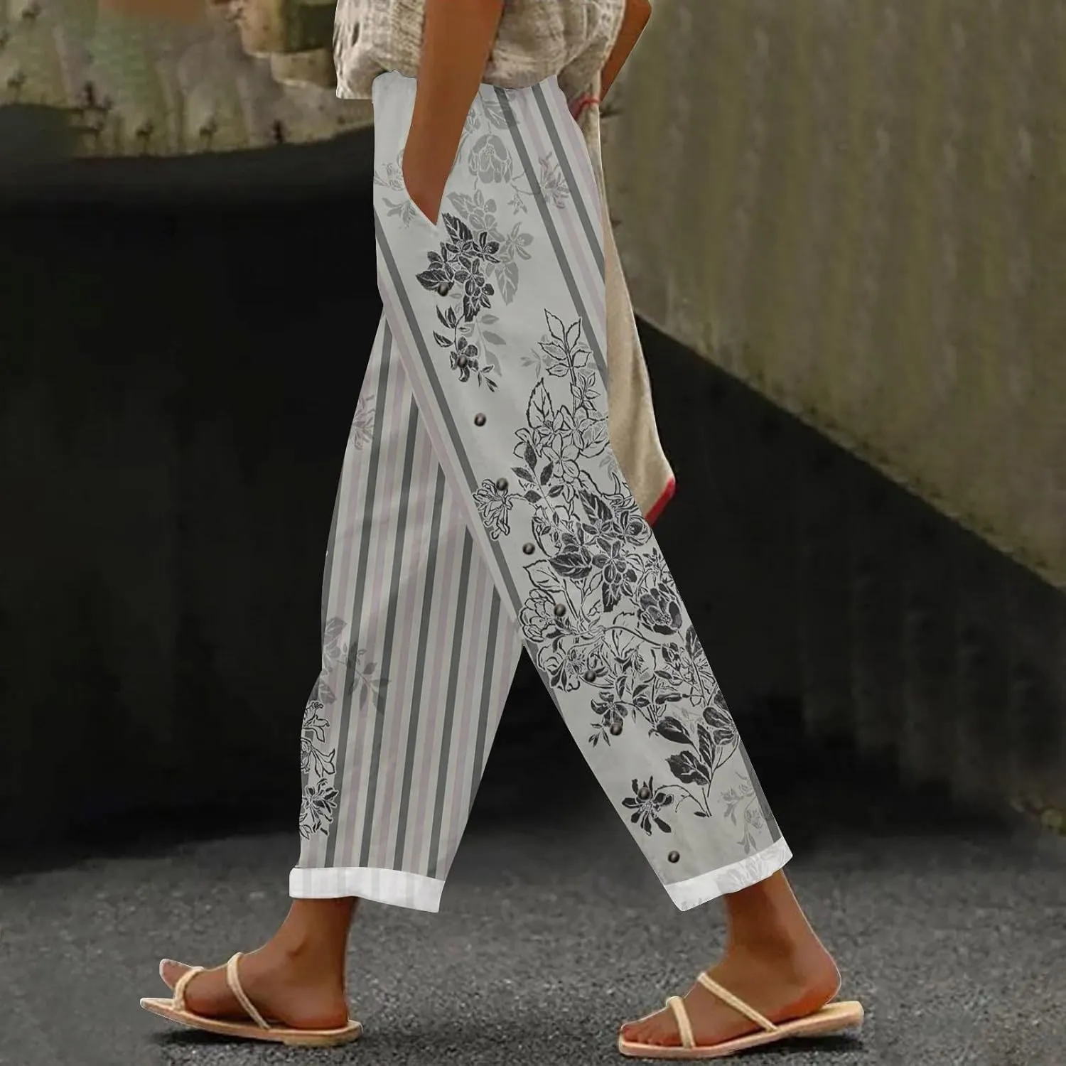 aihihe Linen Capri Pants for Women Summer Casual Cropped Pant Button Drawstring Lounge Pant Beach Travel Trousers with Pocket