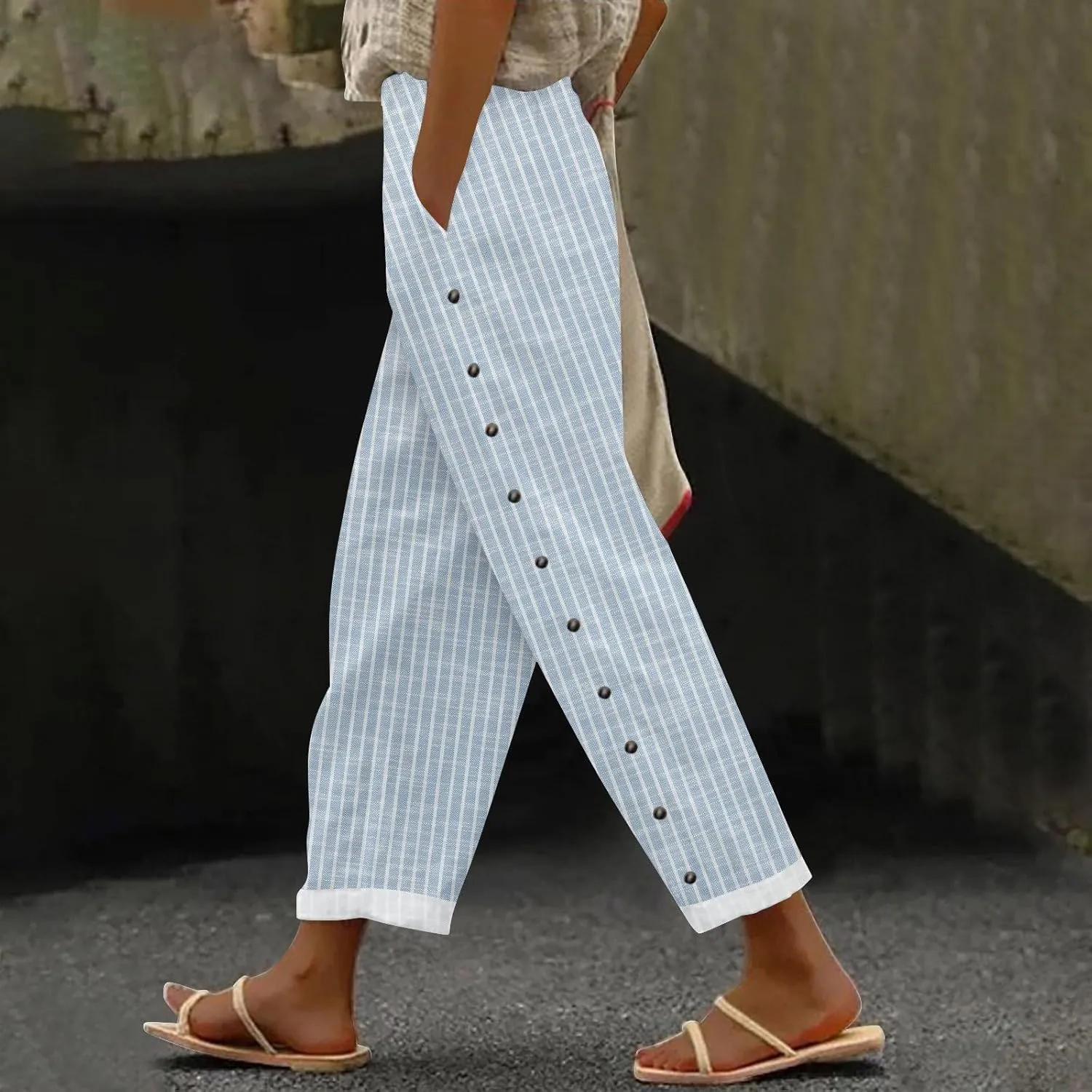 aihihe Linen Capri Pants for Women Summer Casual Cropped Pant Button Drawstring Lounge Pant Beach Travel Trousers with Pocket
