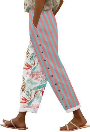 aihihe Linen Capri Pants for Women Summer Casual Cropped Pant Button Drawstring Lounge Pant Beach Travel Trousers with Pocket